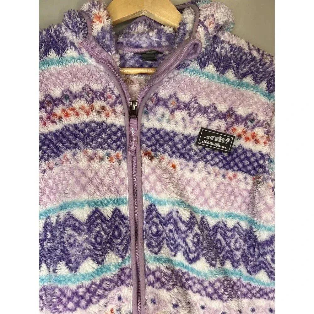 Eddie Bauer Kids Quest Plush Fleece Hooded Jacket Purple Aztec Fur Girls Large - Picture 3 of 7